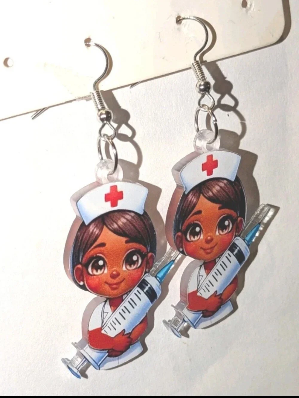 Hand Crafted Cute Nurse Acrylic Dangle Earrings - Brown Skin, White & Red